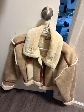 Blank NYC Tan Suede Shearling Bomber Jacket with Cream Collar